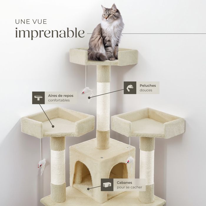 Árbol rascador para gatos - TECTAKE - BARNEY, mueble para gatos de 170 cm de altura con poste rascador, escondites y juguetes - Beige