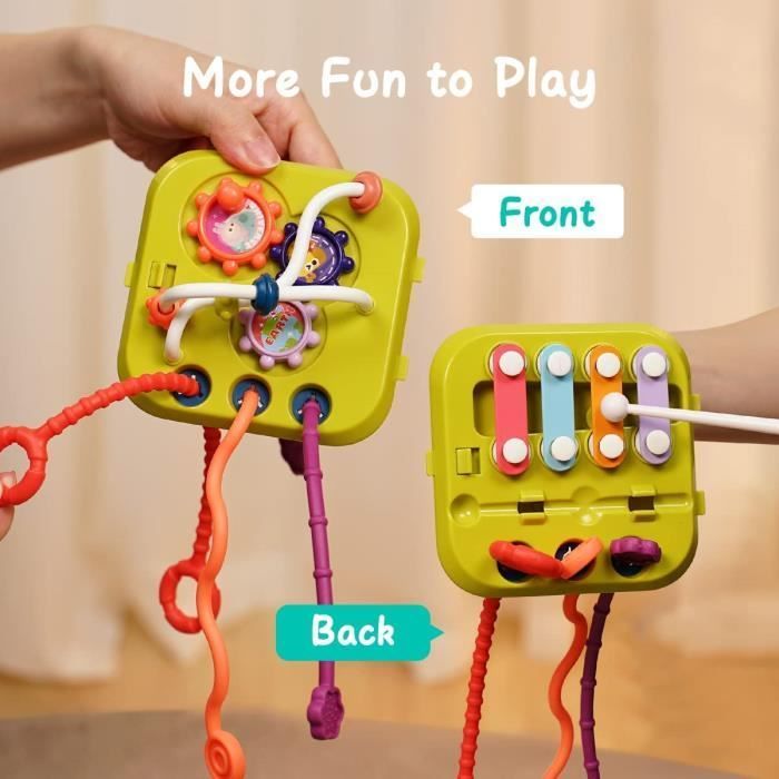 Juguetes sensoriales Montessori 7 en 1 para bebés, clasificador de formas, cubo de actividades con xilófono, juguete de cuerda para tirar para niños