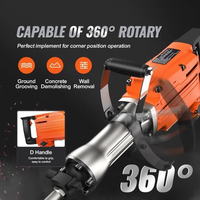 2200W Demolition Hammer - VEVOR - Rotary Hammer Drill - 4 Chisels 1350 BPM