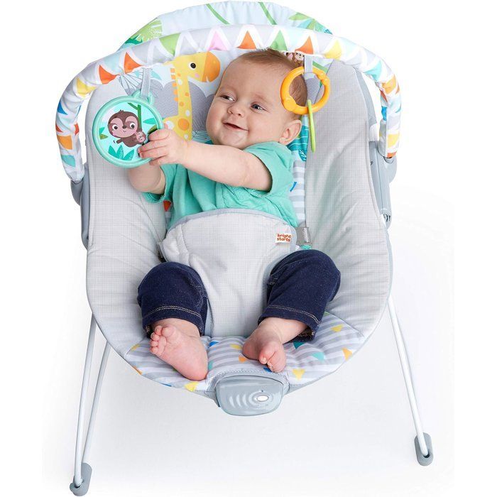 Sdraietta BRIGHT STARS Baby - Safari - Arco con giocattoli rimovibili per lo sviluppo, tra cui uno specchietto per bambini e un'imbracatura a 3 punti.
