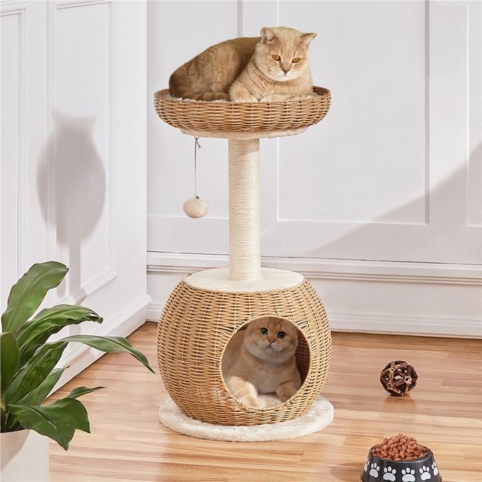 Árbol rascador de ratán para gatos YAHEETECH - Diseño moderno con escondite y poste rascador de sisal - 75 cm