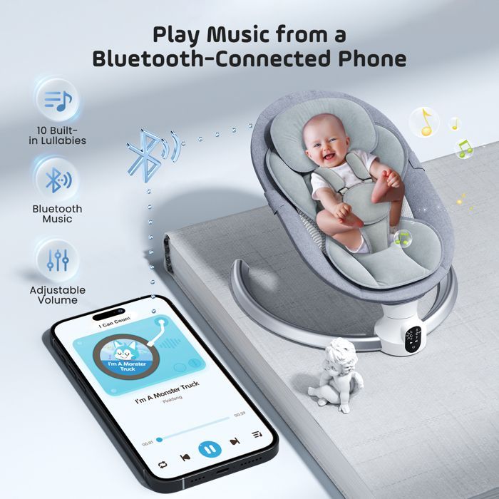 Electric Baby Bouncer, APP and Remote Control Baby Swing from Birth to 9kg, Improved 5-Point Harness Baby Swing