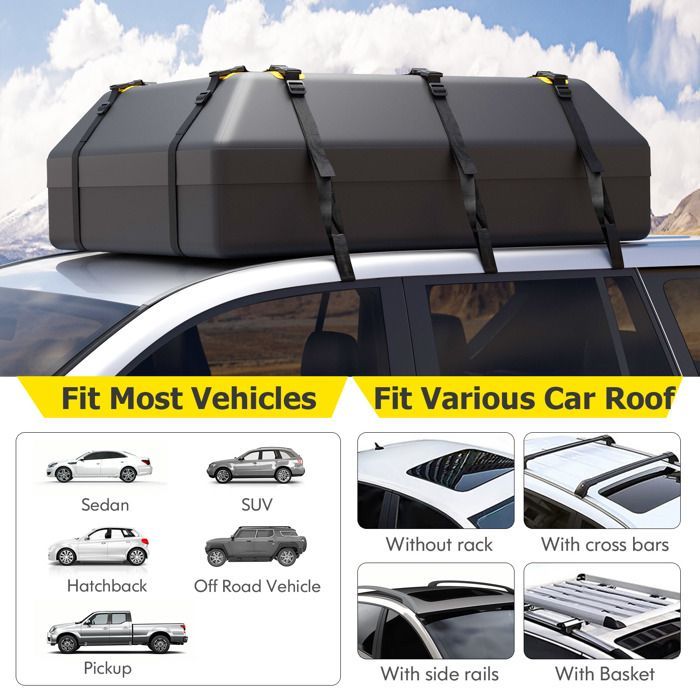 Cofre de techo para coche GYMAX de 600 litros, impermeable, plegable, con 10 correas reforzadas y 6 ganchos para la puerta.