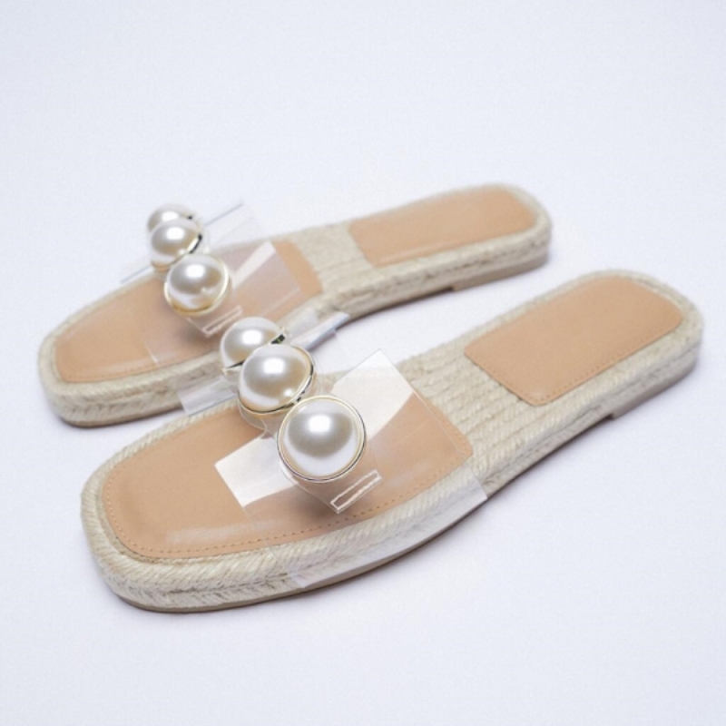 Sandales pour femmes été 2021 - Nouveauté - Sandales plates en jute transparentes, couleur naturelle, en PVC et perles incrustées