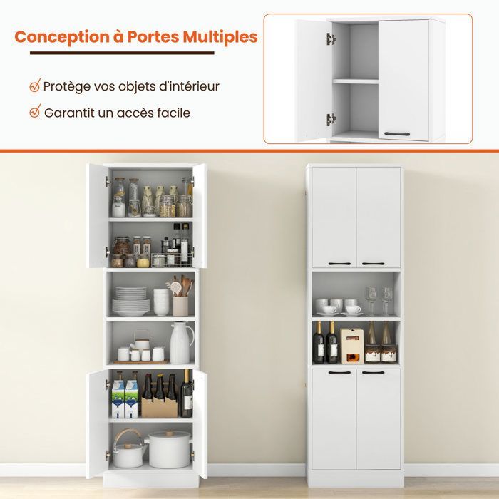 GIANTEX 6-Tier Kitchen Buffet, 190cm High - 2 Cupboards with 4 Doors + 2 Compartments - Bathroom Storage Unit - White