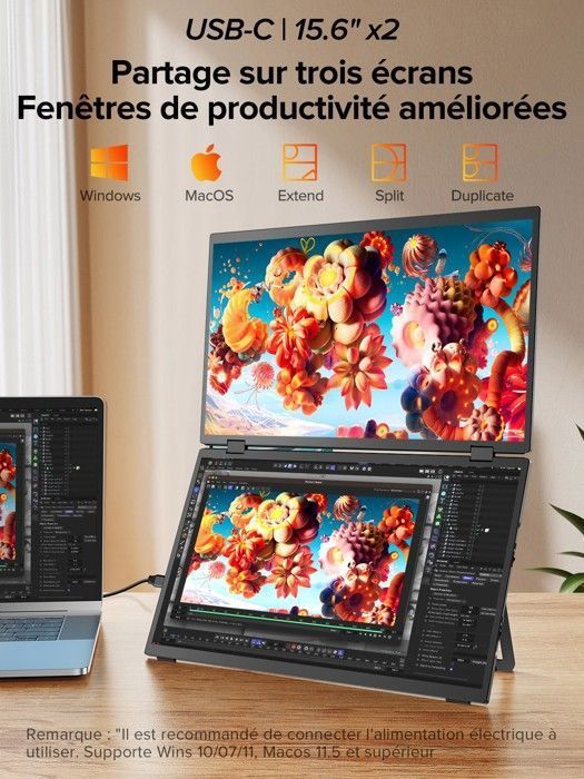 Monitor portátil de tela dupla, 15,6 polegadas, Full HD 1080p, brilho de 300 cd/m², 100% compatível com sRGB/VESA, mini HDMI, interface Tipo-C