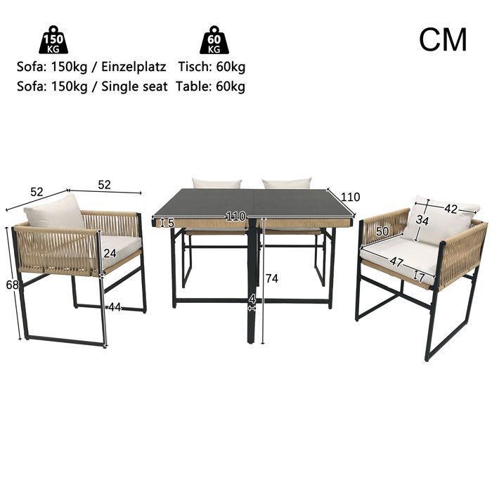 Ensemble table et chaise de jardin - 4 places - 1 table et 6 chaises décorées de corde - Beige