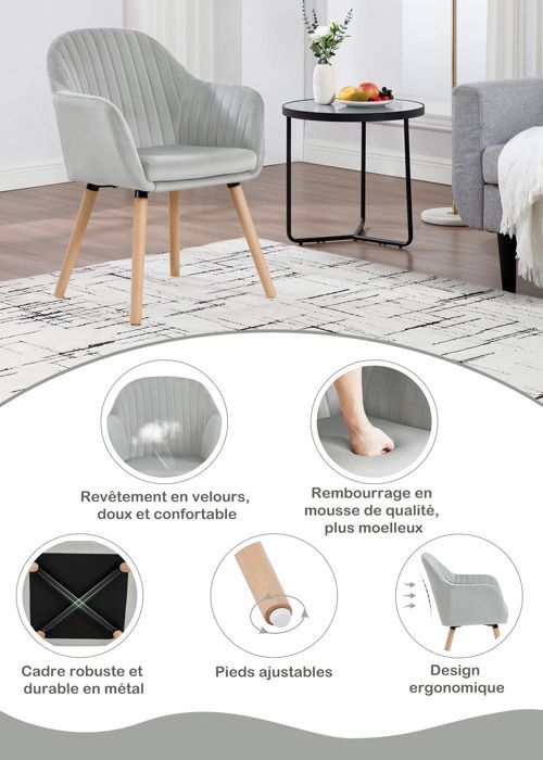 Juego de 4 sillas de comedor WOLTU, sillas de recepción de terciopelo y madera maciza, gris claro.
