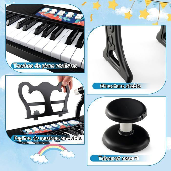 Piano electrónico COSTWAY para niños de 3 años, 37 teclas, con taburete, micrófono ajustable y atril extraíble, color negro.