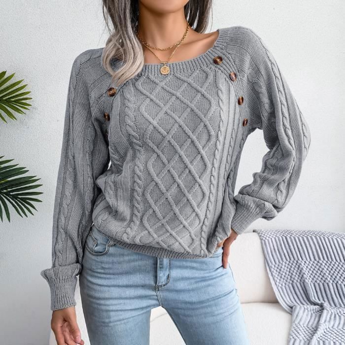Grauer Damenstrickpullover – Lässiger Herbst-/Winterstil – Quadratischer Nietenkragen – Knopfverschluss