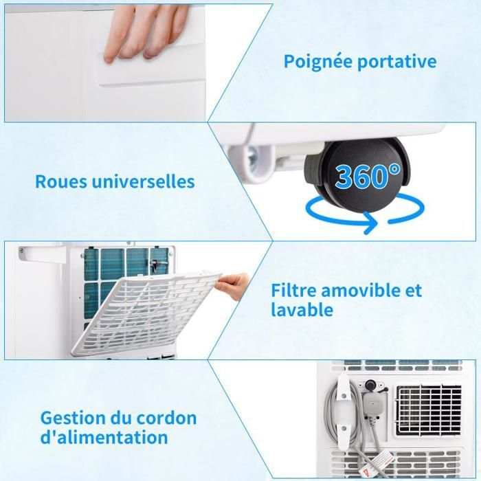 Aire acondicionado portátil de 10000 BTU y 2,9 kW - Controlado por aplicación - Temporizador de 24 horas - 3 en 1