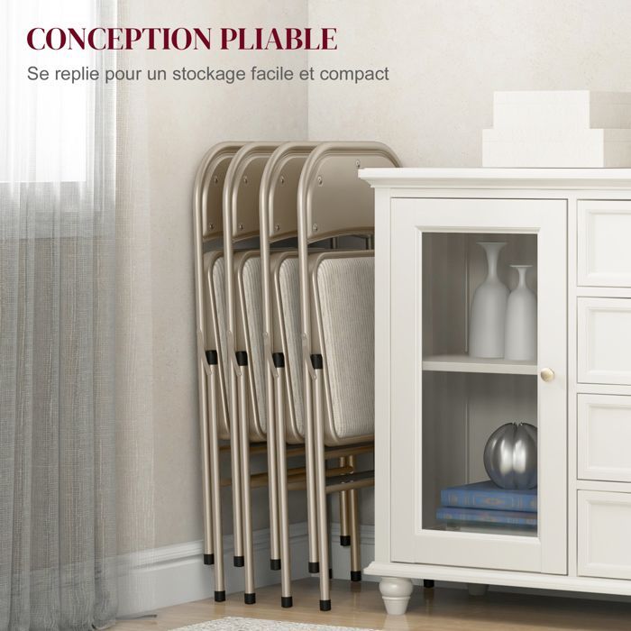 Lot de 4 chaises pliantes chaises de salle à manger portables cadre en acier dim. 45l x 46P x 78H cm beige