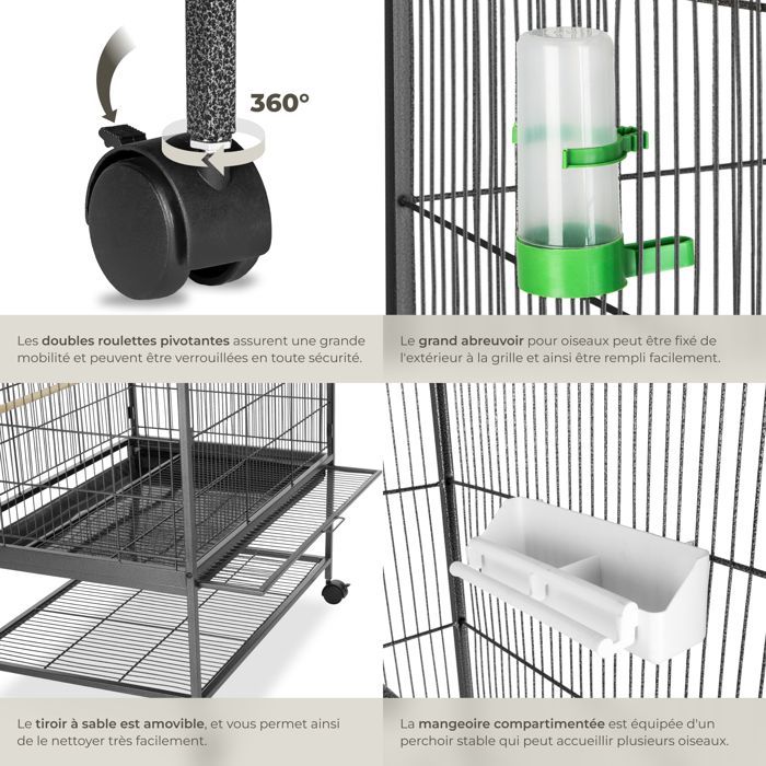 Cage à oiseaux - TECTAKE - Volière à roulettes PAPAGENO 78 x 52 x 131 cm en acier avec 1 mangeoire et 3 perchoirs