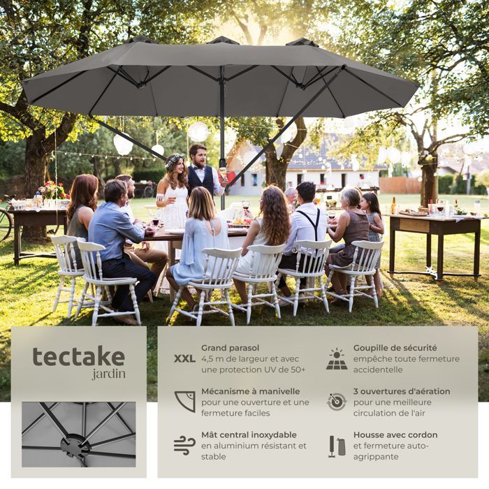 Parasol - TECTAKE - SILIA in hoogte verstelbare aluminium parasol 460 x 270 cm met UV-bescherming - Grijs