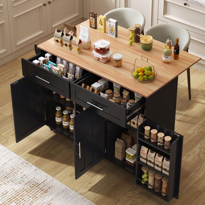 Desserte à Roulettes Cuisine rangement en bois multifonctionnelle avec plan de travail -avec tiroir-L129 x P46(71) x H91.5 cm-Noir