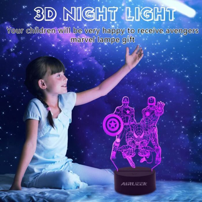 Veilleuse LED 3D enfants - PZCC - Spiderman - Iron Man - Captain America - Changement de couleur - USB ou piles AA