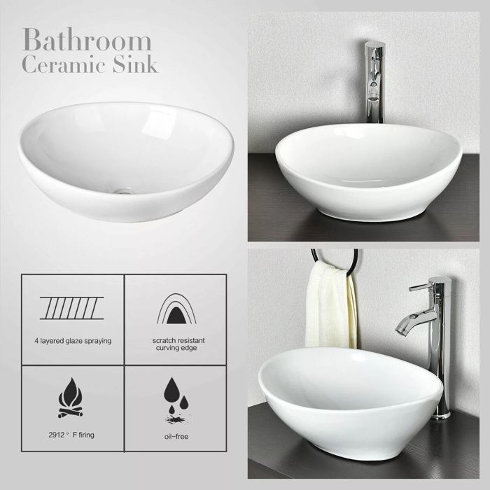 Lavabo ovalado de cerámica blanca para encimera, lavabo moderno para baño, 41x34x11cm