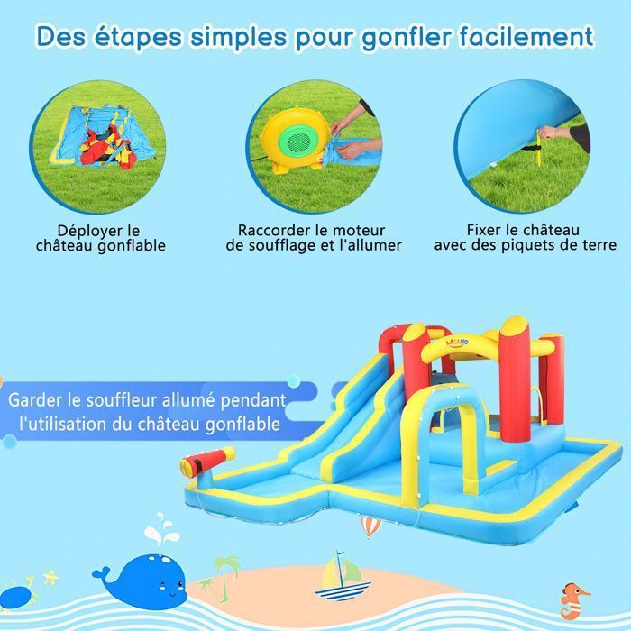 LALAHO Inflatable Play Area with Blower, Swimming Pool, Water Slide, Water Cannon, 465 x 365 x 195cm