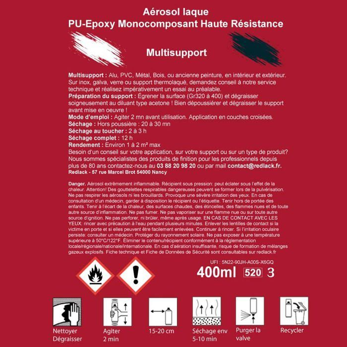 Redlack Peinture aérosol RAL 7021 Mat multisupport