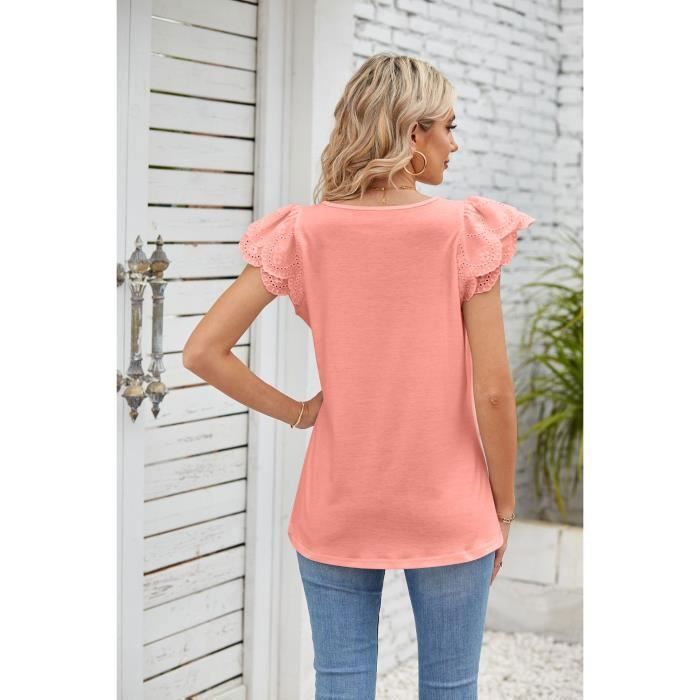 Camiseta de manga corta para mujer con encaje, color liso, estilo casual de verano, corte holgado, cuello cuadrado cómodo - Talla europea - Rosa