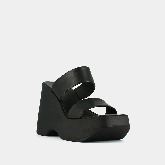 Mules compensées à brides  en cuir noir