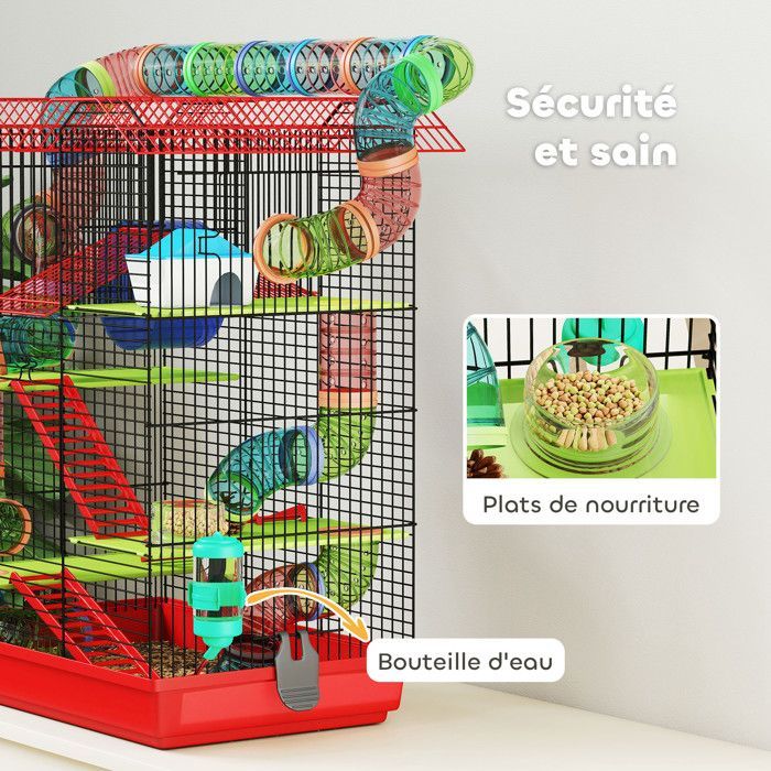 Gabbia per criceti - PawHut - con tunnel, mangiatoia, ruota e giocattolo - per topi e piccoli roditori - 47 x 30 x 59 cm - rossa
