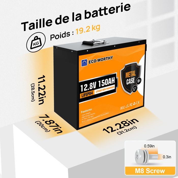 ECO-WORTHY Batterie Lithium Lifepo4 12V 150AH Bluetooth Batterie,120A BMS,6000+Cycles,pour Camping Car, Système Solaire
