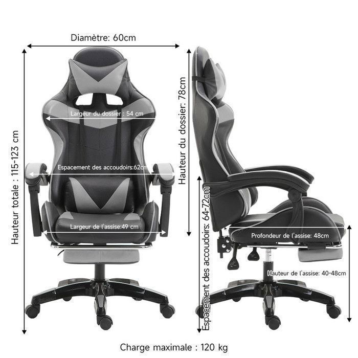 Chaise Gaming Ergonomique Noir et Gris, Support Lombaire, Repose-pieds, Oreilles de Chat, Coussin Tête, Inclinaison Réglable