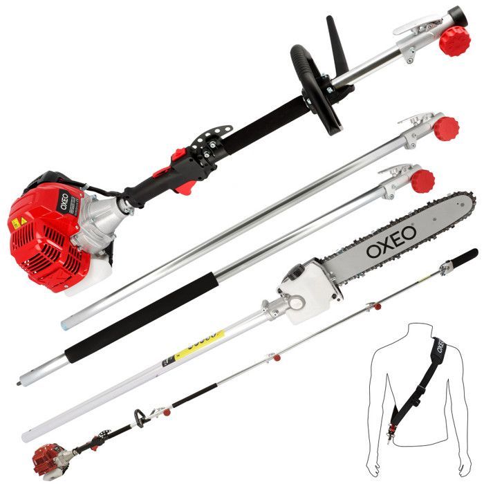 Podadora de pértiga a gasolina - Motor de 2 tiempos y 52 cc - 2 pértigas extensibles - Longitud total 4,06 m - Barra guía de 30 cm