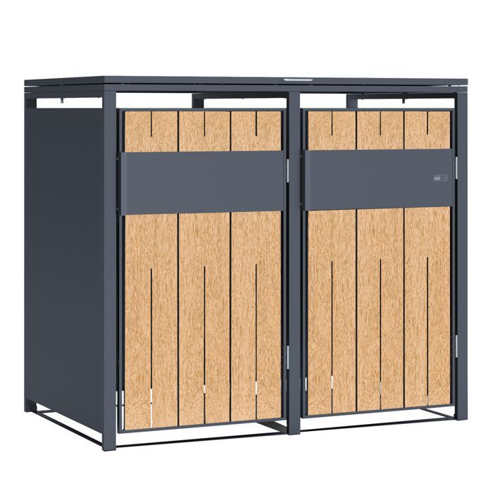 AXI Luke Cache Poubelle en Métal, Anthracite/Effet Bois - Abri poubelle pour 2 conteneurs - Max. 240L - Abri Poubelle Extérieur