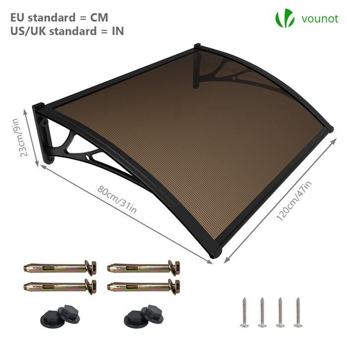 VOUNOT® Entrance Door Canopy 120x80cm - Polycarbonate - UV Resistant - Brown