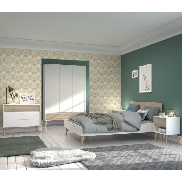 Chambre complète - AALBORG - Scandinave - Blanc / Chêne - Lit 160 x 200 cm, 2 chevets, commode, armoire - PARISOT