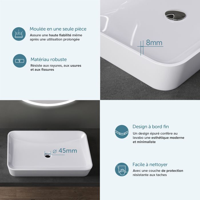 Lavabo de encimera Doporro Colossum815 blanco de 60 cm en superficie sólida de fundición mineral, 60x40x9 cm.