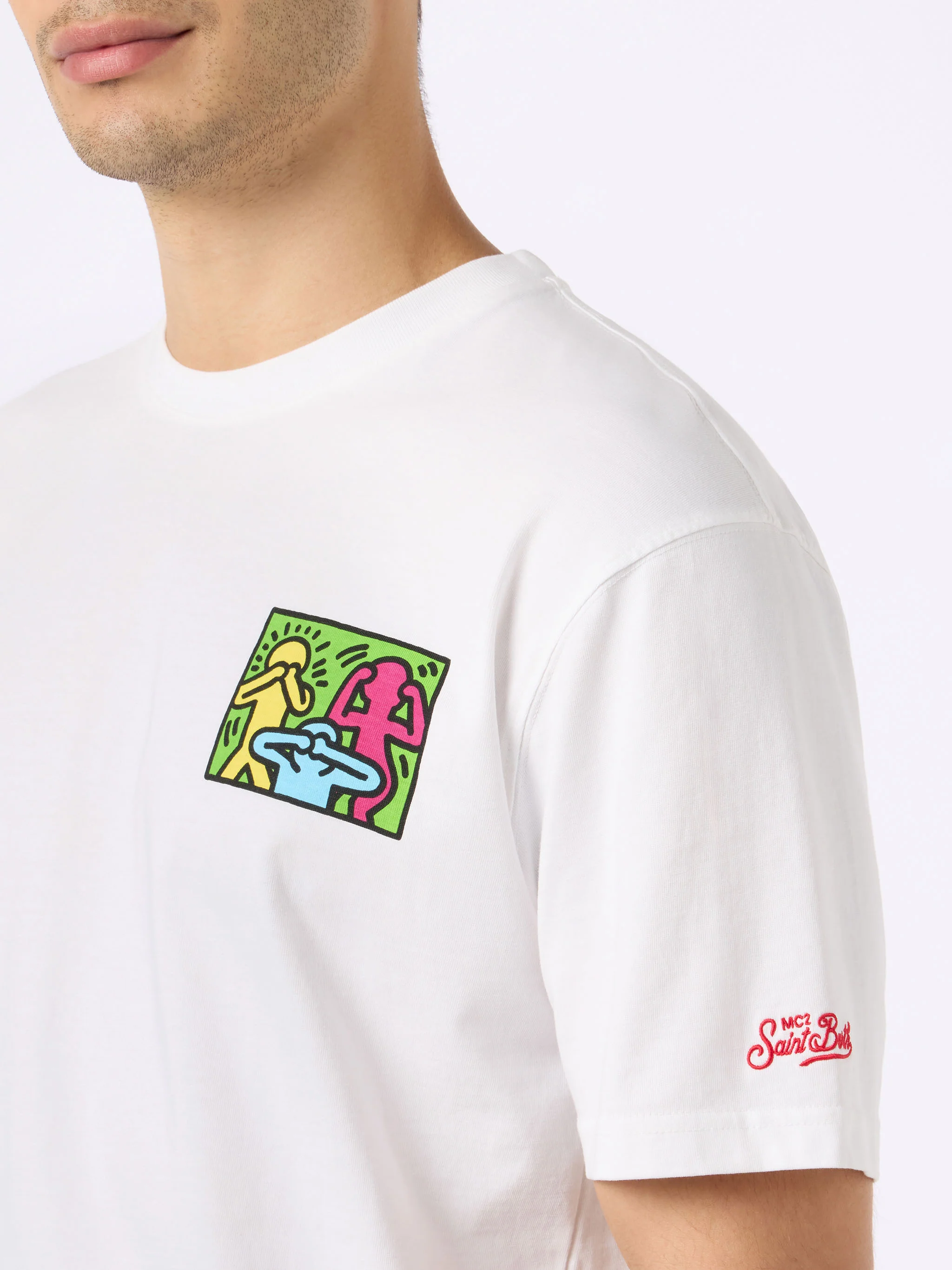 T-shirt da uomo in cotone con stampa fronte e retro del disegno Keith