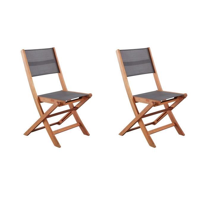 Lot de 2 chaises de jardin pliantes en bois d'acacia FSC - EDEN - Assise textilène - Gris - 58 x 58 x H90 cm