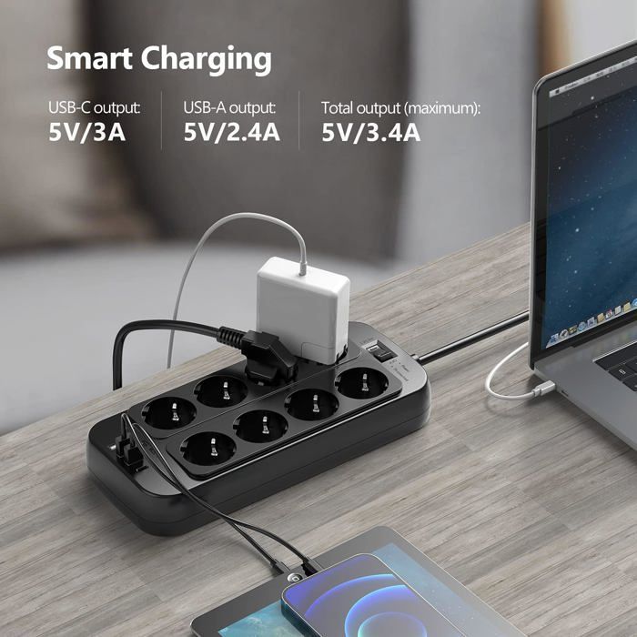 Multiprise 8 Prises avec 1 Port USB C,3 Port USB A (5V3,4A/17W) Parasurtenseur Parafoudre et Surtension avec Interrupteur Cordon 2m