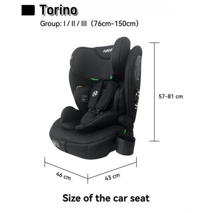 NANIA TORINO Kindersitz mit Gurt – Gruppe 1/2/3 – I-Size – mit Verkleinerungseinsatz – Schwarz