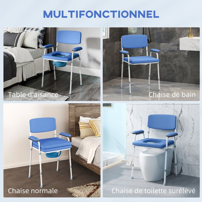 Silla inodoro multifuncional HOMCOM con cubo extraíble, altura regulable, asiento y reposabrazos acolchados, color azul.