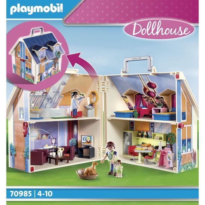 PLAYMOBIL 70985 Casa portátil azul, 3 figuras, accesorios incluidos, 70985, casa de muñecas, la casa tradicional