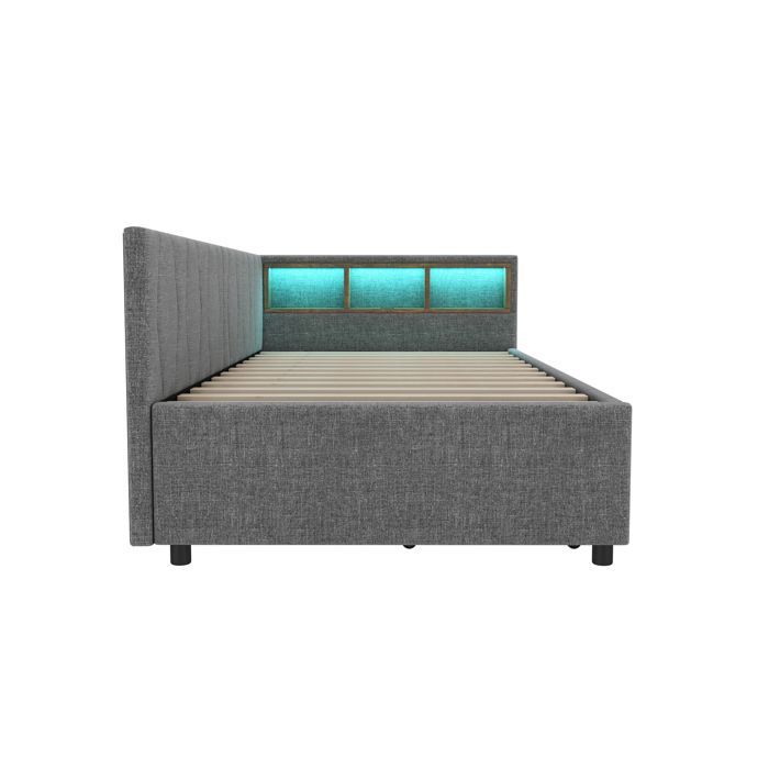 Banquette Lit Lin Gris 90x200 cm avec LED Télécommande, Prises USB Type-C, 2 Tiroirs et Rangement Tête de Lit, Canapé Convertible