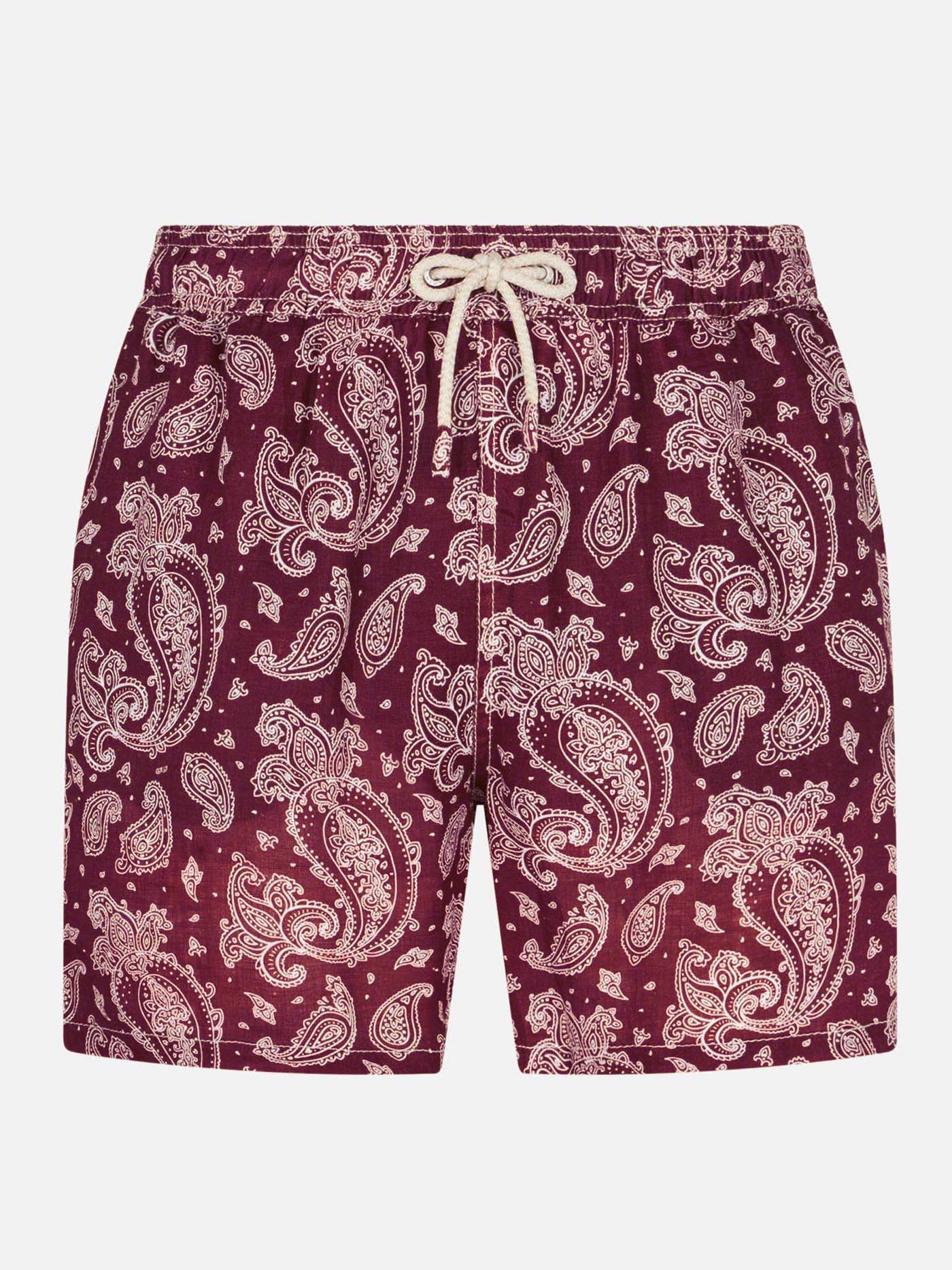 Herenbadpak van lichtgewicht stof met bordeauxrode paisleyprint.