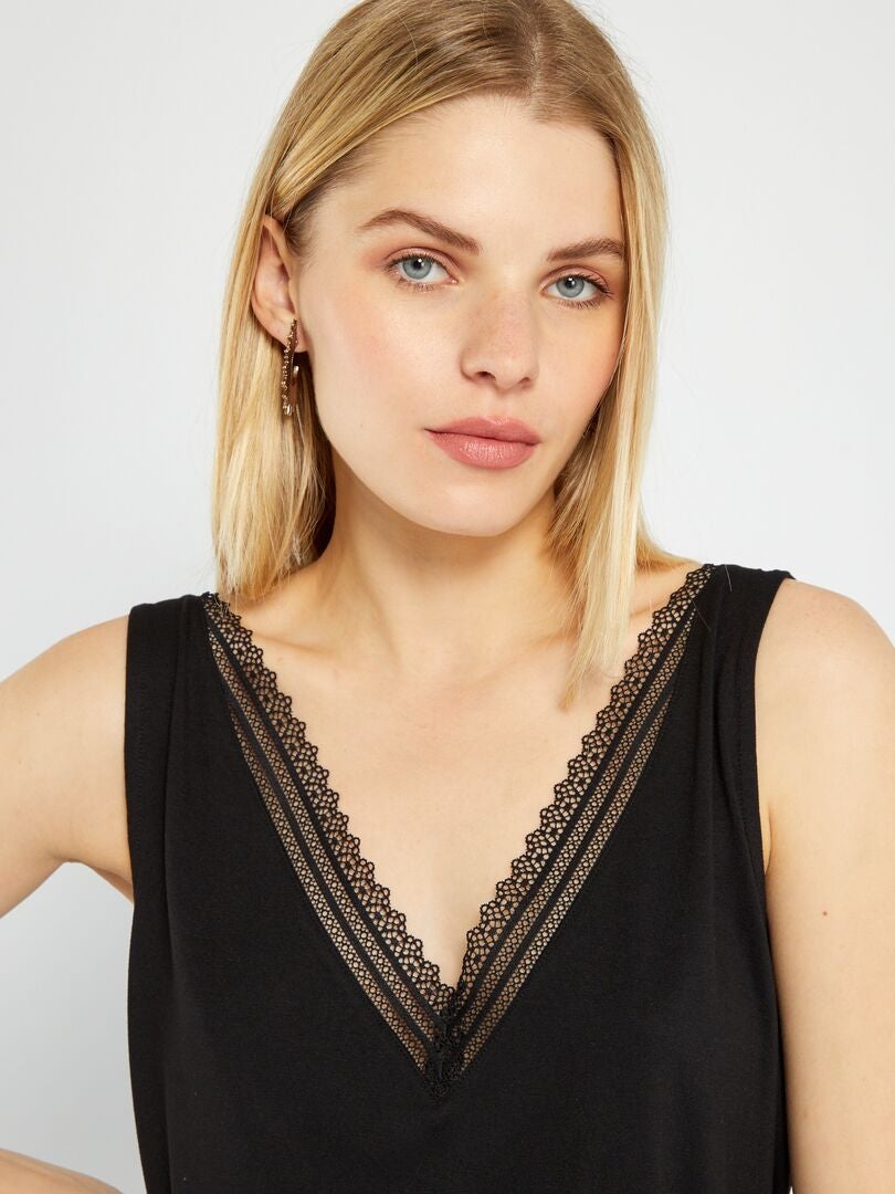 Camiseta sin mangas elástica con encaje - Negra