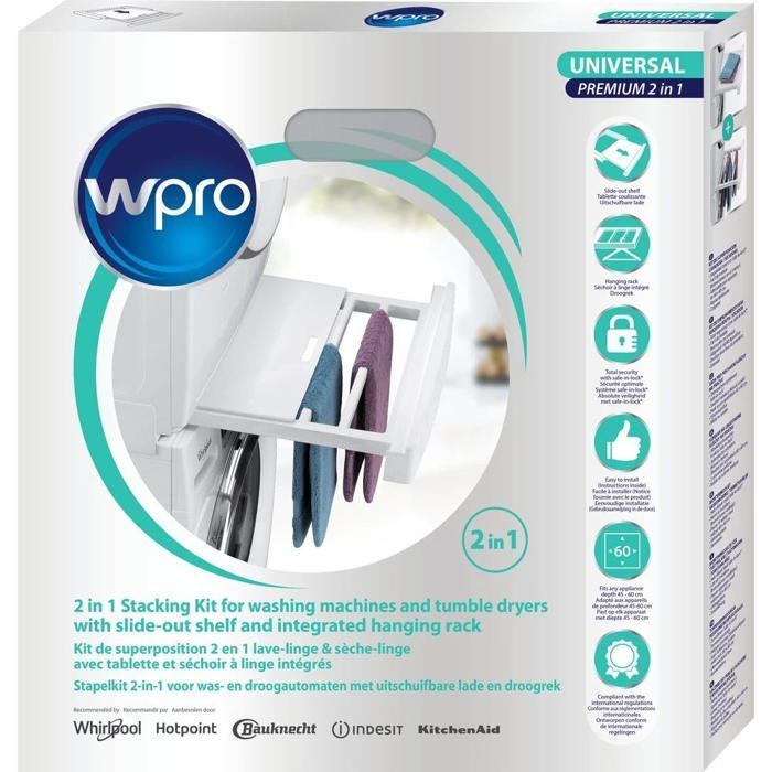 Kit di impilamento universale 2 in 1 WPRO per lavatrice/asciugatrice con cestello per asciugatrice integrato