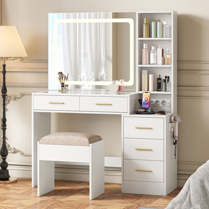 Penteadeira - Penteadeira moderna de 140 cm - LED ajustável - Tomada e porta USB - 5 gavetas