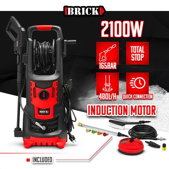 Nettoyeur haute pression 2100W - 165 bars avec moteur à induction + accessoires - Brick
