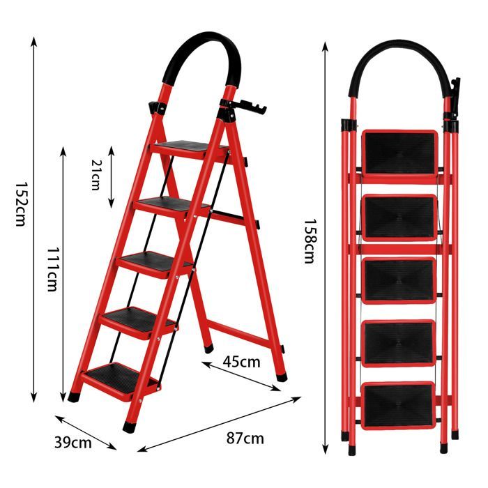 Rouge - 152cm Escabeau Pliant à 5 marches en Acier, Echelle avec Poignée et Marchepied Antidérapant, Capacité 150KG Chargé