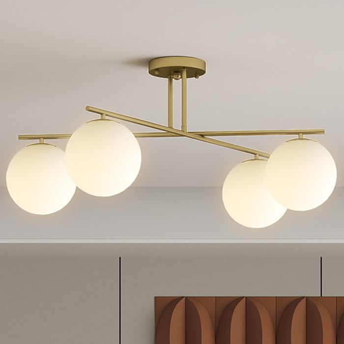 Lámpara de techo - HOMCOM - moderna lámpara de araña de 4 luces con casquillo E14 - montaje semiempotrado - dorado y crema