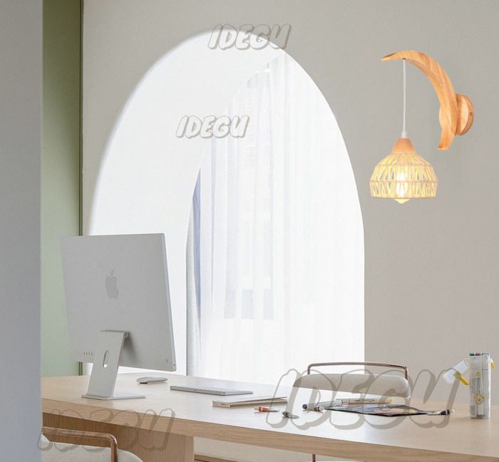 IDEGU Applique Murale Intérieure en Bois et Rotin Suspension Luminaire Industrielle Design Croissant E27 Lampe Mural Réglable,Blanc