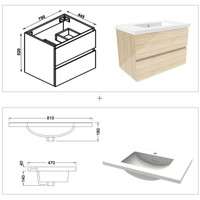 Mueble de baño AICA de 80 cm en roble Wotan brillante con 2 cajones de cierre suave y lavabo individual.