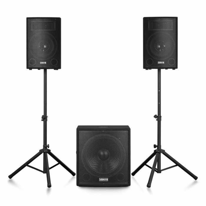 Vonyx VX1218BT Pack Sono 2.1 Complet 1200W avec Subwoofer 18 Pouces et Enceintes 12 Pouces, Bluetooth 5.3, USB, SD, Pieds et